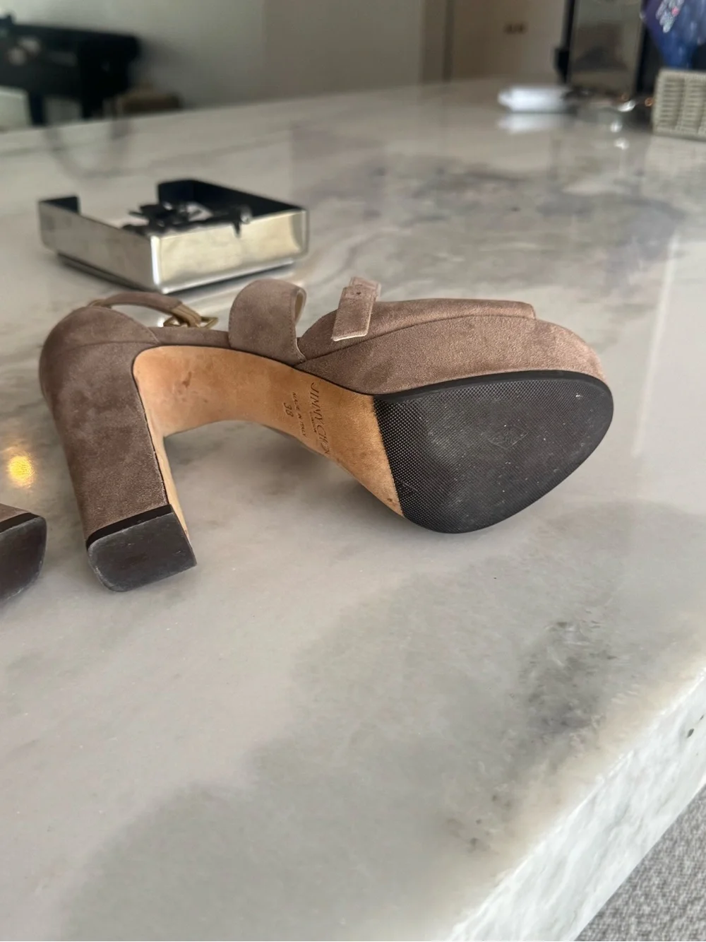 Jimmy Choo Taupe Suede Crisscross Platform Sandals size 38 -good condition